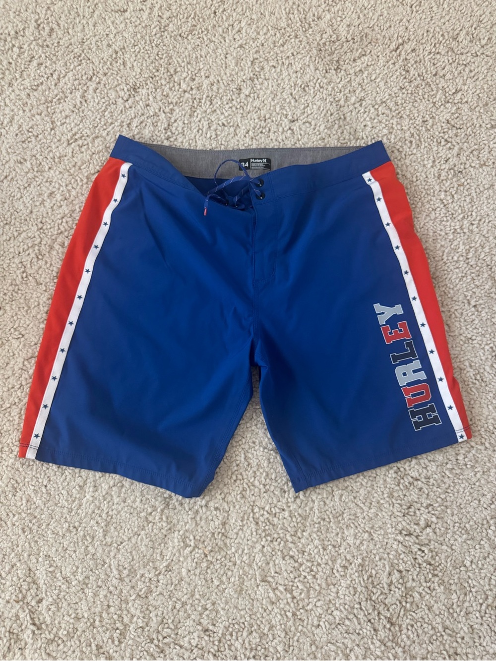 Hurley Blue and Red Men's Board Shorts with Star-Trim